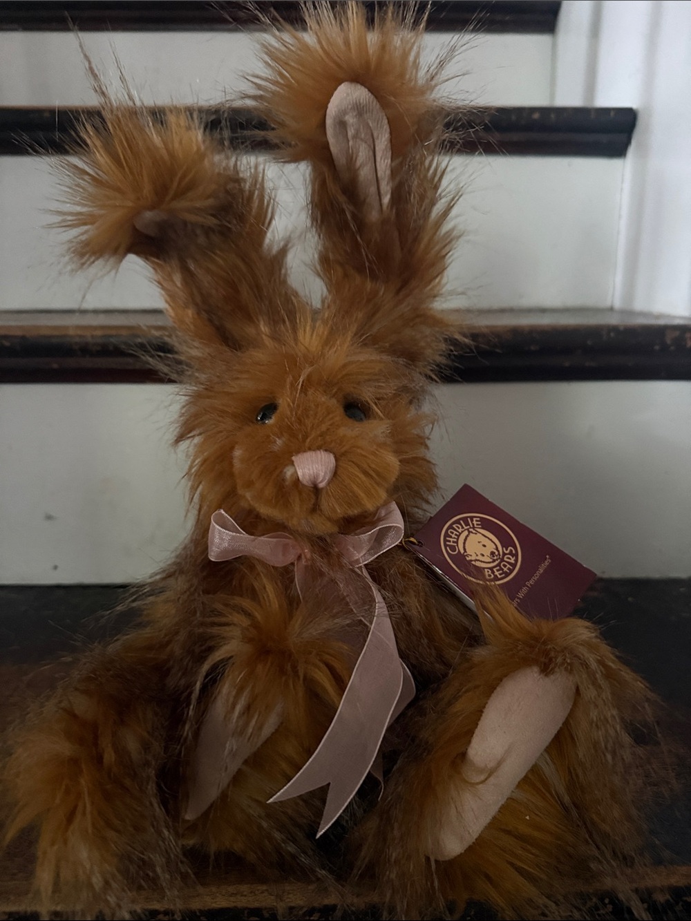 Charlie Bears Plush Bunny in Brown with Pink Bow
